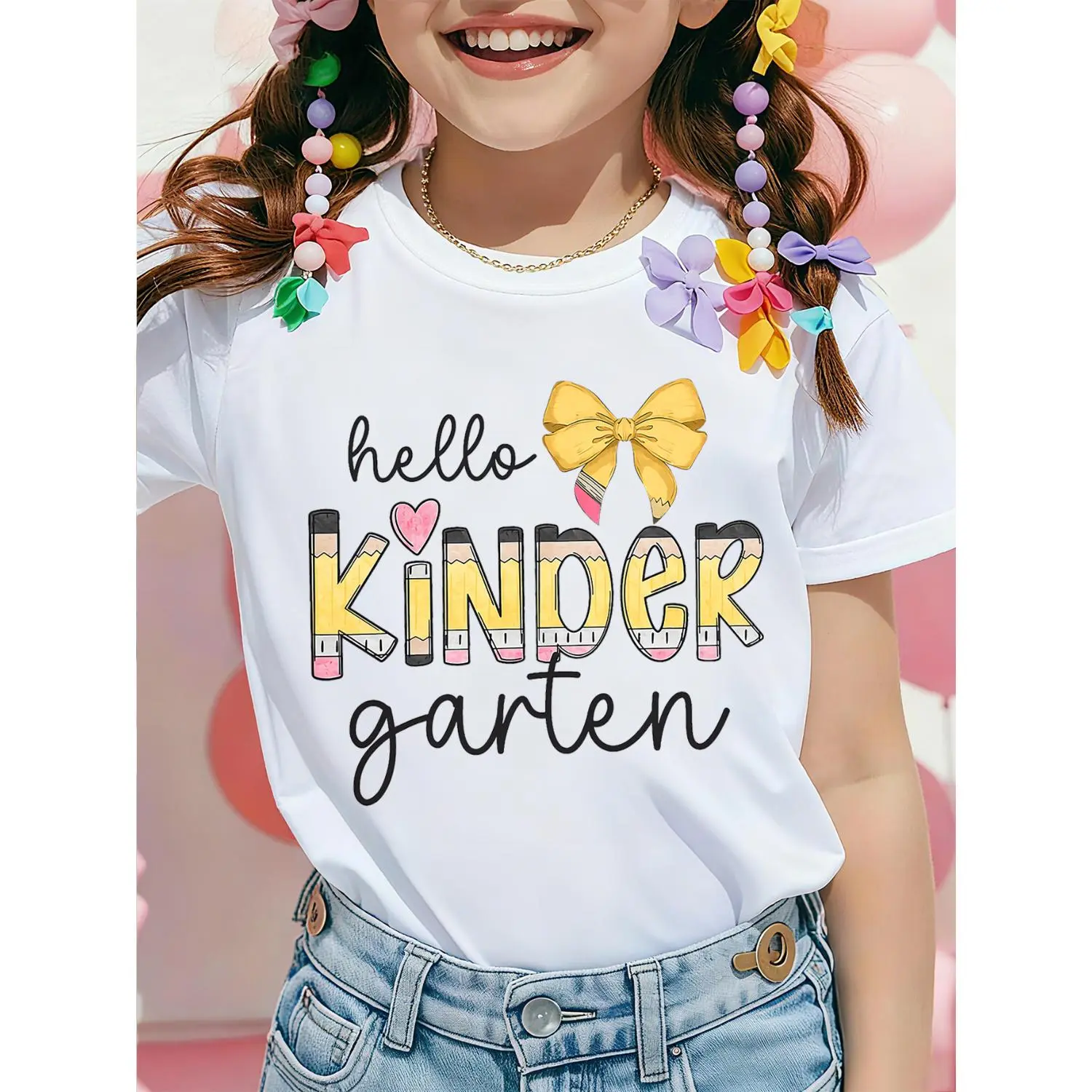 Girls Hello Kindergarten T-Shirt Cute Bow Pencil Graphic Print Short Sleeve Crew Neck Top Casual Soft Breathable Summer Tee Kids Clothes Girls Girls Clothes Back to School Outfit for Little Girls