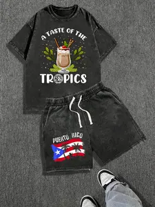 Puerto Rico Print Washed Set | 230g Washed T-Shirt, 290g Washed Shorts, High-Quality Batik, Suitable for Summer Outdoor Sports, Casual Wear, Holiday Gift, Perfect Present