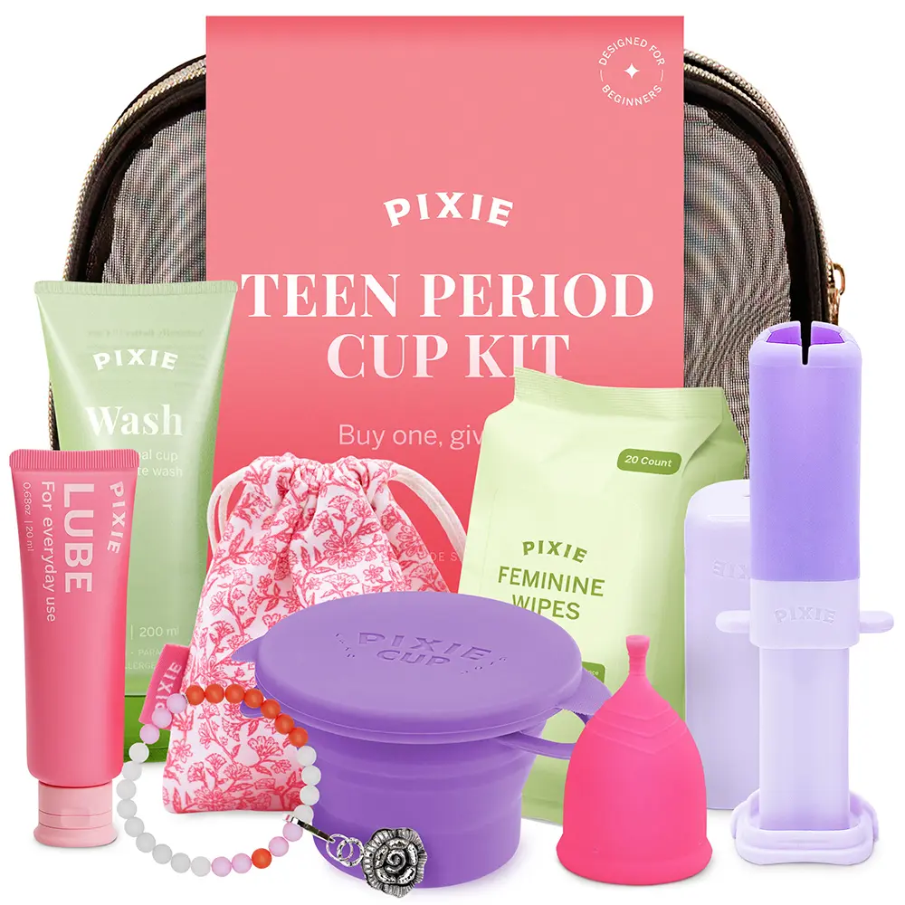 Pixie Cup Teen Menstrual Cup Kit - First Period Cup Starter Kit for Feminine Care - Wash, 20 Wipes, Lube, Public Restroom Carry Cup, Storage Bag & Applicator - Everything You Need to Become A Successful Cup User