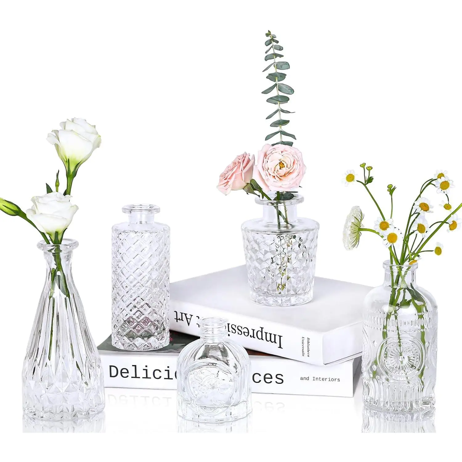 Clear Glass Bud Vases Set of 5, Mini Flower Vase for Centerpieces, Small Clear Vases in Bulk for Wedding Decorations,  Vase for Table, Recepetion,  Decor