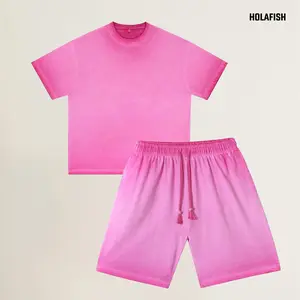 Holafish Women's Vintage Dirty Washed Set Oversized Trendy Gradient Color T-Shirt and Shorts Cotton Coordinated Outfit for Street Style
