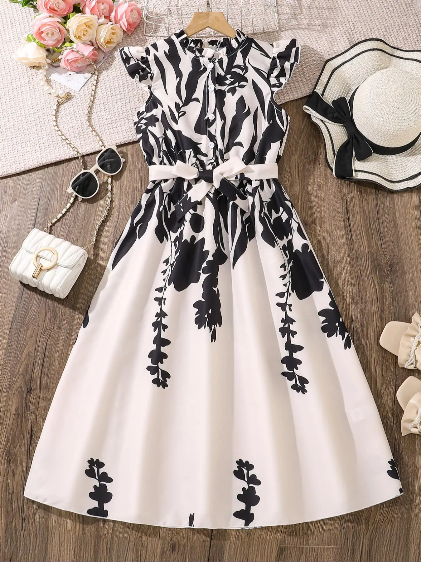 Girl's Floral Print Dress with Belt, Casual Dress for Summer, Kids Clothes for Daily Wear