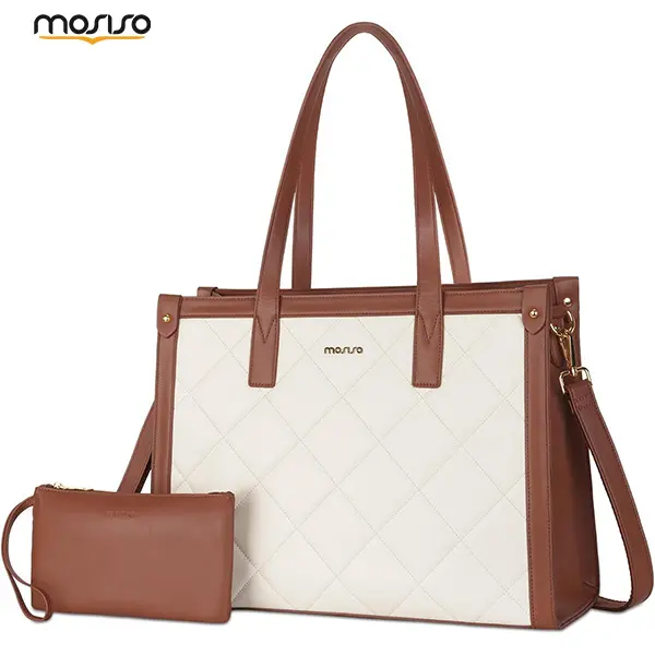 MOSISO Women's Rhombus Quilted PU Leather Laptop Tote Bag, Waterproof 15.6-Inch Business Briefcase with Removable Clutch, Adjustable Strap, Zip Closure, High-Capacity, Chic