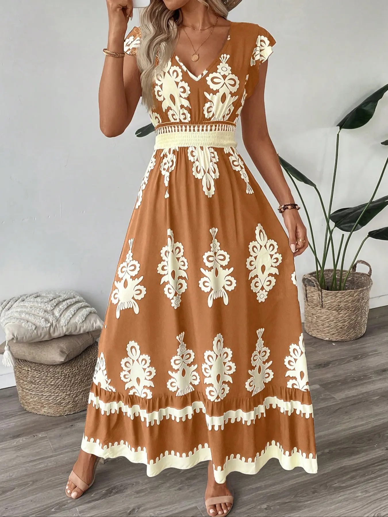 Women's Fitted V Neck Ruffle Hem A-Line Dress, Elegant All Over Print, Elastic Waist, Woven Fabric, Casual Vacation Wear - TikTok Shop Women's Fitted V Neck Ruffle Hem A-Line Dress, Elegant All Over Print, Elastic Waist, Woven Fabric, Casual Vacation Wear - TikTok Shop