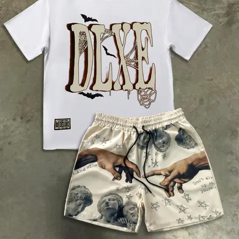 Men's Hand Print Short Sleeve Crewneck Graphic Tee & Shorts Two-Piece Set, Regular Fit Casual Round Neck T-shirt & Shorts, Summer Clothes Set for Men, Casual Fashion Set, Summer Outfits Set, Casual Clothing Set, Menswear