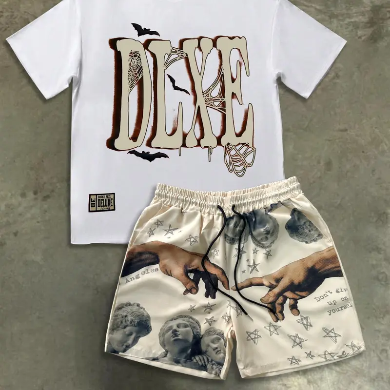 Men's Hand Print Short Sleeve Crewneck Graphic Tee & Shorts Two-Piece Set, Regular Fit Casual Round Neck T-shirt & Shorts, Summer Clothes Set for Men, Casual Fashion Set, Summer Outfits Set, Casual Clothing Set, Menswear