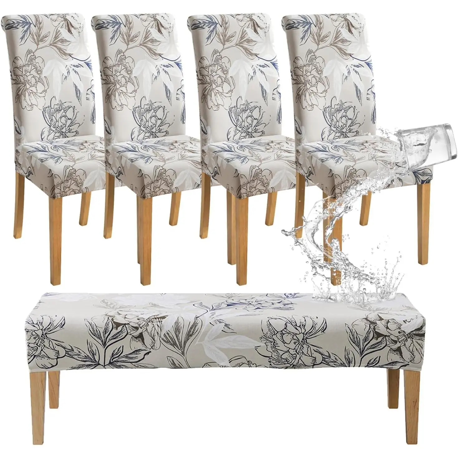 4 Chair and Bench Covers for Dining Chairs Waterproof Floral Dining Room 4 Piece Chair Slipcovers with Bench Seat Cover Set Washable (Waterproof Elegent-Flowers)