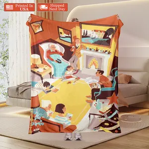 Soft Flannel Throw Blanket, Cozy Christmas Family Gathering Illustration Art Blanket, Warm Retro Holiday Home Scene Blanket for Couch Bed, Aesthetic Family Christmas Decorative Blanket Gift for Home & Travel