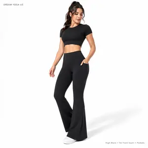 DREAM YOGA US Women's High Waist Flare Leggings with Pockets, No Front Seam Bootcut Yoga Pants, Tummy Control Butt Lifting Workout Pilates Lounge flared women work Pants outdoorfun