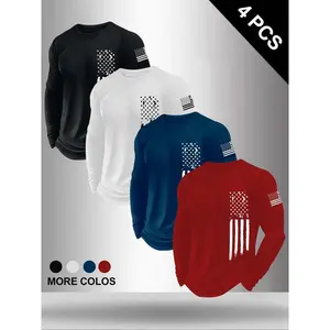 Men's Classic Flag Print Shirt Set, Casual Long Sleeve Top, Fitted Polyester Fabric, Fall & Winter Wear, Versatile Basic Tee