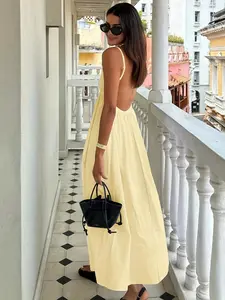 Summer Backless Spaghetti Strap Dress for Women Solid Color Casual Beach Vacation Outfit