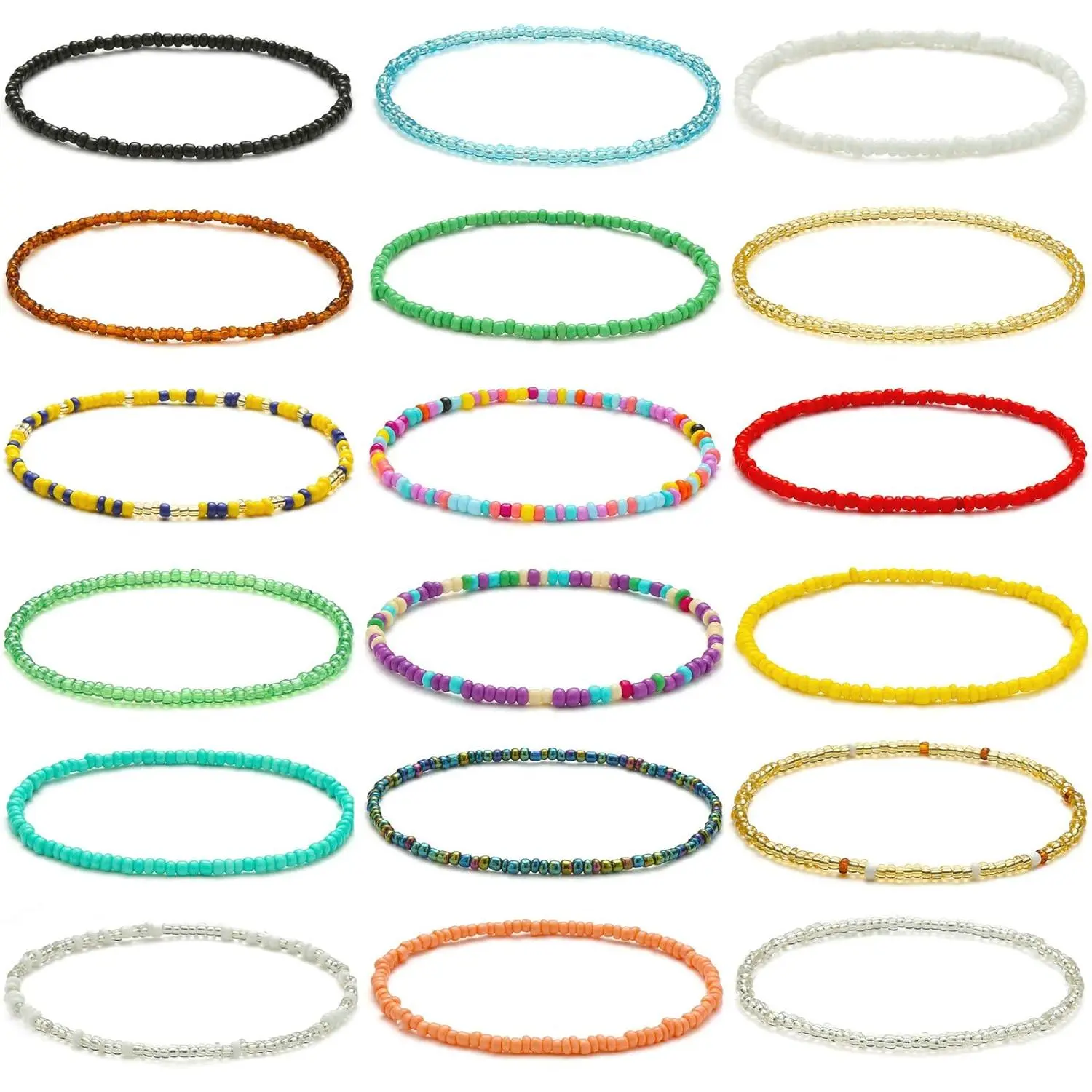 Women's 18-Piece Lightweight Elastic Beaded Cord Anklet Set - Handmade Multicolor Ethnic Body Jewelry, 8-9 in 11g Beach Ankle Bracelets for Bohemian Braids, Colorful A, Street Style Fashion Accessory