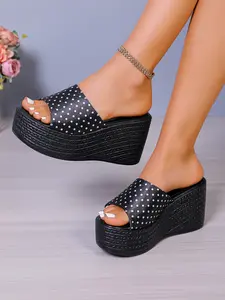 Large Size Women's Polka Dot Wedge Sandals, Thick Sole Open Toe Summer Flip Flops, Casual Beach Vacation Outdoor Shoes
