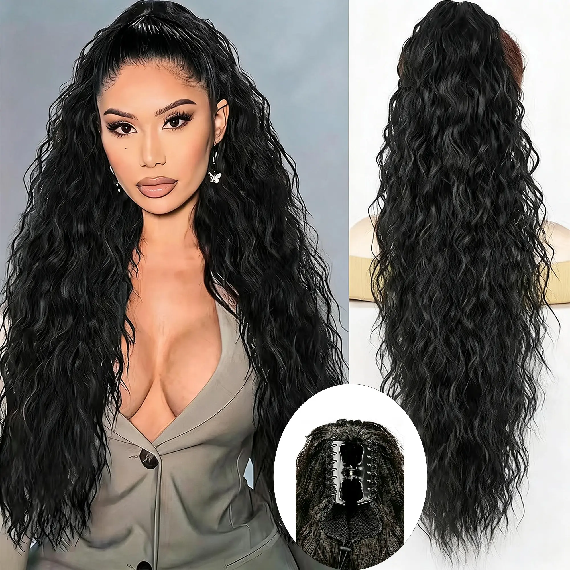 [Thick Density] Aveluna Hair Extension Claw Ponytail For Women Long Wavy Drawstring Ponytail Extension Black Brown 30Inch Curly Clip Ponytail in Hair Extensions Fluffy NaturalLooking Synthetic Hairpiece for Daily Party Use Easy To Go