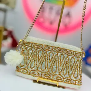 Beaded Rhinestone Bag  Handmade Crossbody | Elegant Cream & Gold Statement Purse