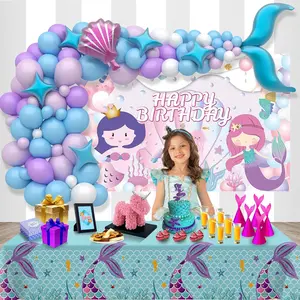 109Pcs Mermaid Birthday Decorations Kit for Girls (Mega Pack) by Celebration Tales - Mermaid Fish Tail Balloon Arch, Background Banner, Table Cloth, Balloon Pump, Birthday Hats, Mermaid Headband