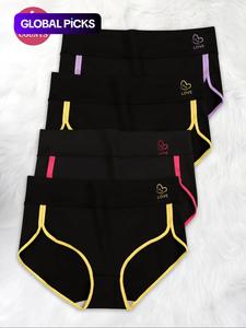 【plus size】 contrast binding letter & heart pattern brief, soft comfy breathable knicker for daily wear, women's underwear for all seasons