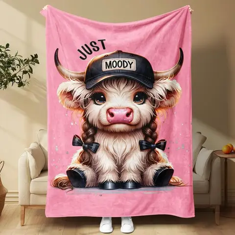 Highland Cow Print Blanket - 1-2 Counts 50x60in Travel-Ready Cozy Throw with Snowflake Accents, Cute Animal Aesthetic Decorative Giftable Blankets for Home & Travel, Kids Christmas Gift