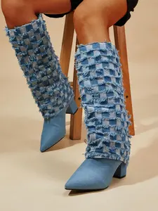 Women's Fashionable Stylish Denim Design Fringe Decor Rubber Boots, Footwear, Elegant Pointed Toe Boots for Fall & Winter, All-match Boots for Daily Wear