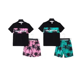 7-15y Kid Boys Coconut Tree And VACATION Letter Graphic Print Splice Short Sleeve T-shirt Elastics Shorts Set 2Pcs Comfy Summer Clothing Pink 462401036 Tropical Design Casual Fashion
