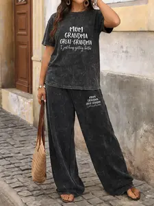 Spring & Summer Plus Size Sports Two-Piece Set with Patchwork Print, Tie-Dye Washed Vintage Short Sleeve T-Shirt and Wide-Leg Pants, Plus Size Women's Jogging Outfit
