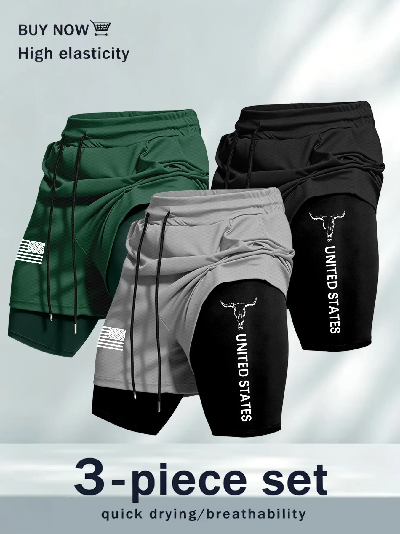 Summer Gym Shorts 3-Pack, Anti-Exposure, Dual-Layer Design, Letter Pattern, Ideal for Fitness, Streetwear Essential, Compression Stretch Shorts, Athletic Compression Shorts, Compression Sports Shorts