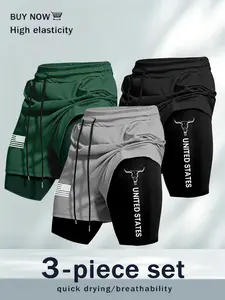 Summer Gym Shorts 3-Pack, Anti-Exposure, Dual-Layer Design, Letter Pattern, Ideal for Fitness, Streetwear Essential