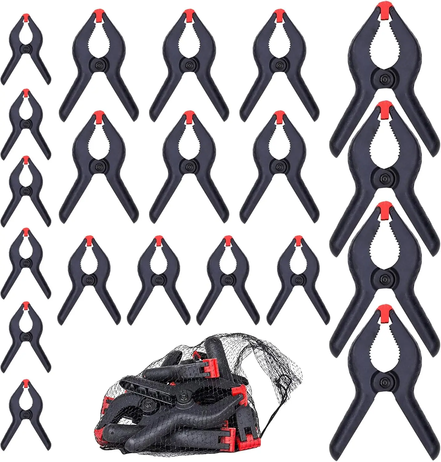 20-PACK 4-Size Nylon Plastic Spring Clamps with String Bag Organizer, Included 6-1/2in., 4-1/2in., 3-1/2in.and 2-1/2in.