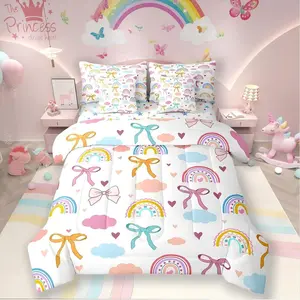 Kawaii Rainbow 7 Piece Bedding Set,Watercolor Clouds Bow Knot Comforter Set,Ribbon Bowknot Dreamy Princess Style Bed in a Bag Breathable Sheets
