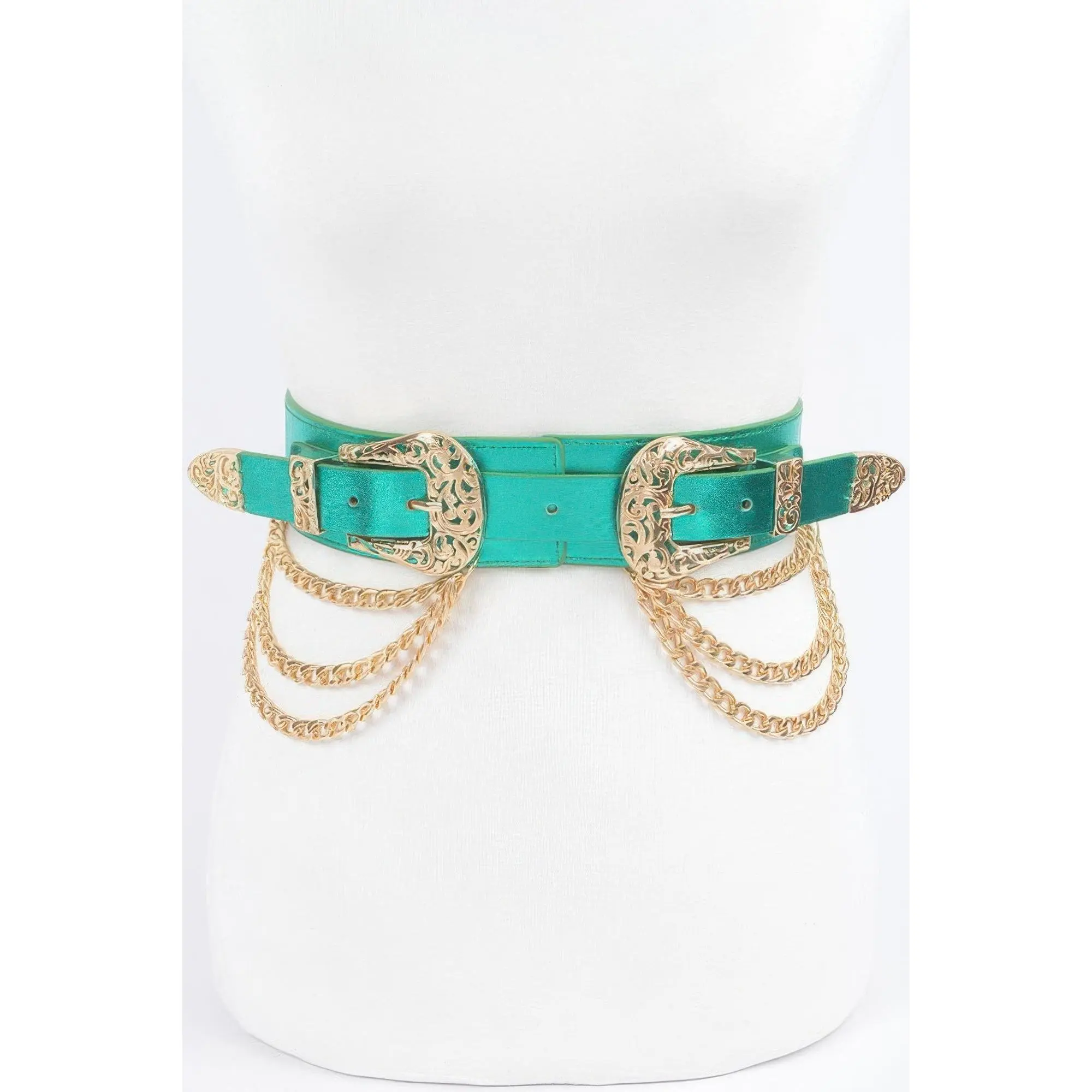 Metallic Two Buckle Chain Waist Belt