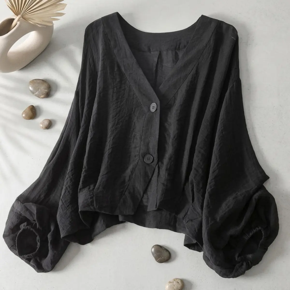 Women's Minimalist Linen Texture Summer Kimono Cardigan Top - Loose, Lightweight Sun Protection, Casual V-Neck Long Sleeve Blouse with Black, White Options, Tops