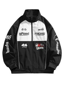 Men's Casual Colorblock Stand Collar Jacket Racing Style Flight Bomber Jacket Trendy Letter Print Full Zip Men's Long Sleeve Coat Outdoor Sports Spring and Autumn Wear Menswear Black Sportswear