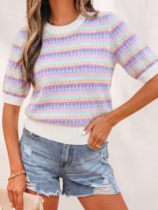Women's Purple Abstract Striped Knit Short Sleeve Sweater Women's Casual Crewneck Pullover Soft Stretch Breathable Pastel Summer Ribbed Trim Basic Tops for Daily Wear Work Office Weekend Outings