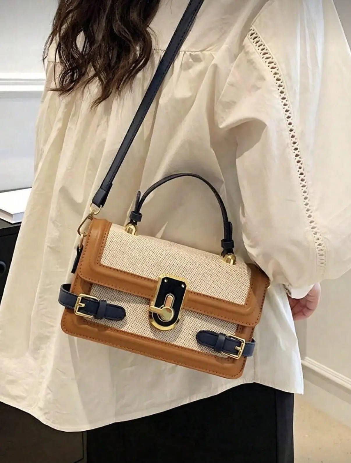 Women's Vintage Color-Block Small Satchel Handbag, Leather Trim Lock Closure Top-Handle Purse with Removable Wide Strap, Crossbody for Daily Casual Travel, Purses for Women