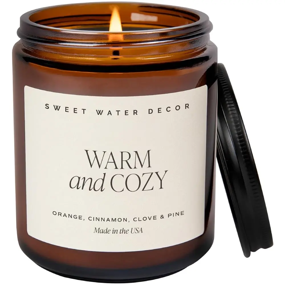 Sweet Water Decor Warm and Cozy Soy Candle - Orange Peel, Cinnamon, Ginger and Clove Scented Candles for Home - 9Oz Amber Jar + Black Lid, 40+ Hour Burn Time, Made in the USA Sweet Water Decor