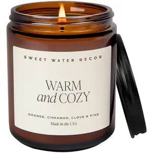 Sweet Water Decor Warm and Cozy Soy Candle - Orange Peel, Cinnamon, Ginger and Clove Scented Candles for Home - 9Oz Amber Jar + Black Lid, 40+ Hour Burn Time, Made in the USA Sweet Water Decor