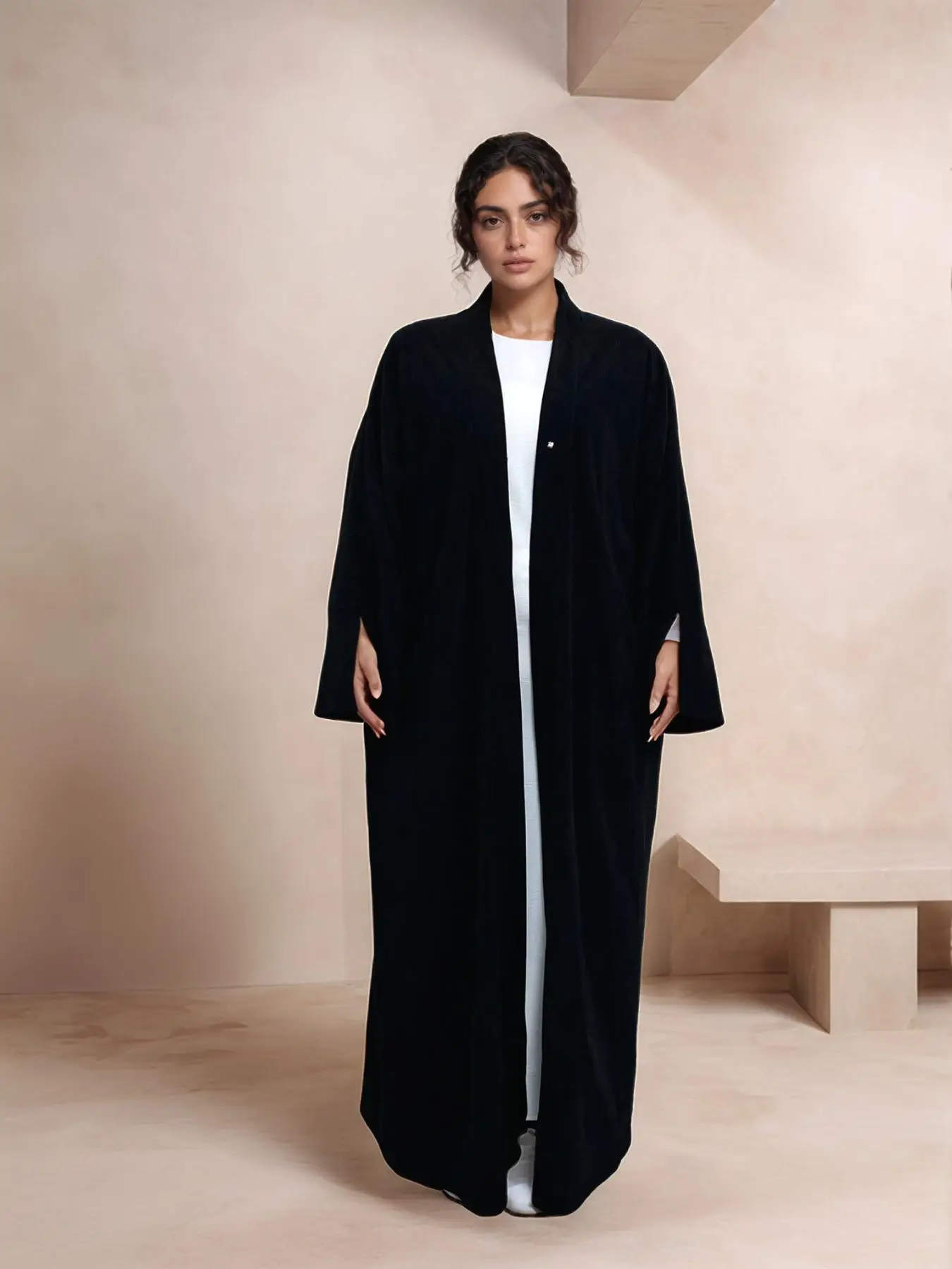 Women's Solid Button Long Sleeve Abaya Coat, Casual Corduroy Open Front Longline Outerwear for Fall & Winter, Women's Islamic Clothing for Daily Wear