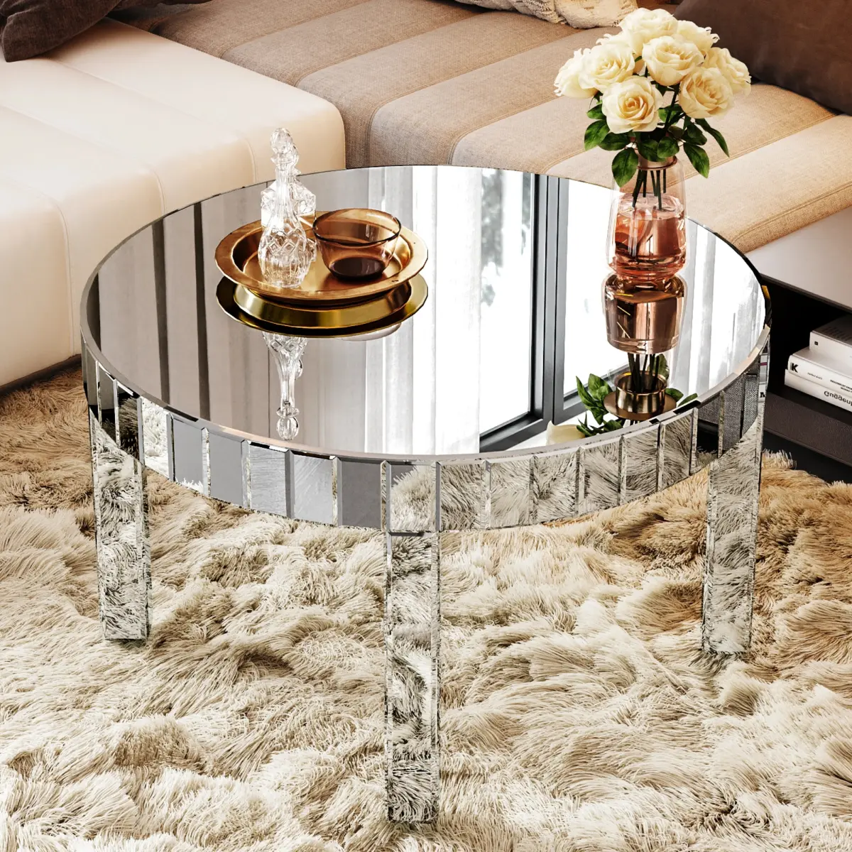 31.5''W x 31.5''D x 18''H Dazzling Silver Mirrored Round Coffee Table - Fluted Mirror Design, Contemporary Durable Luxury Living Room Sofa Center Table, Light Reflections Home Decor Piece