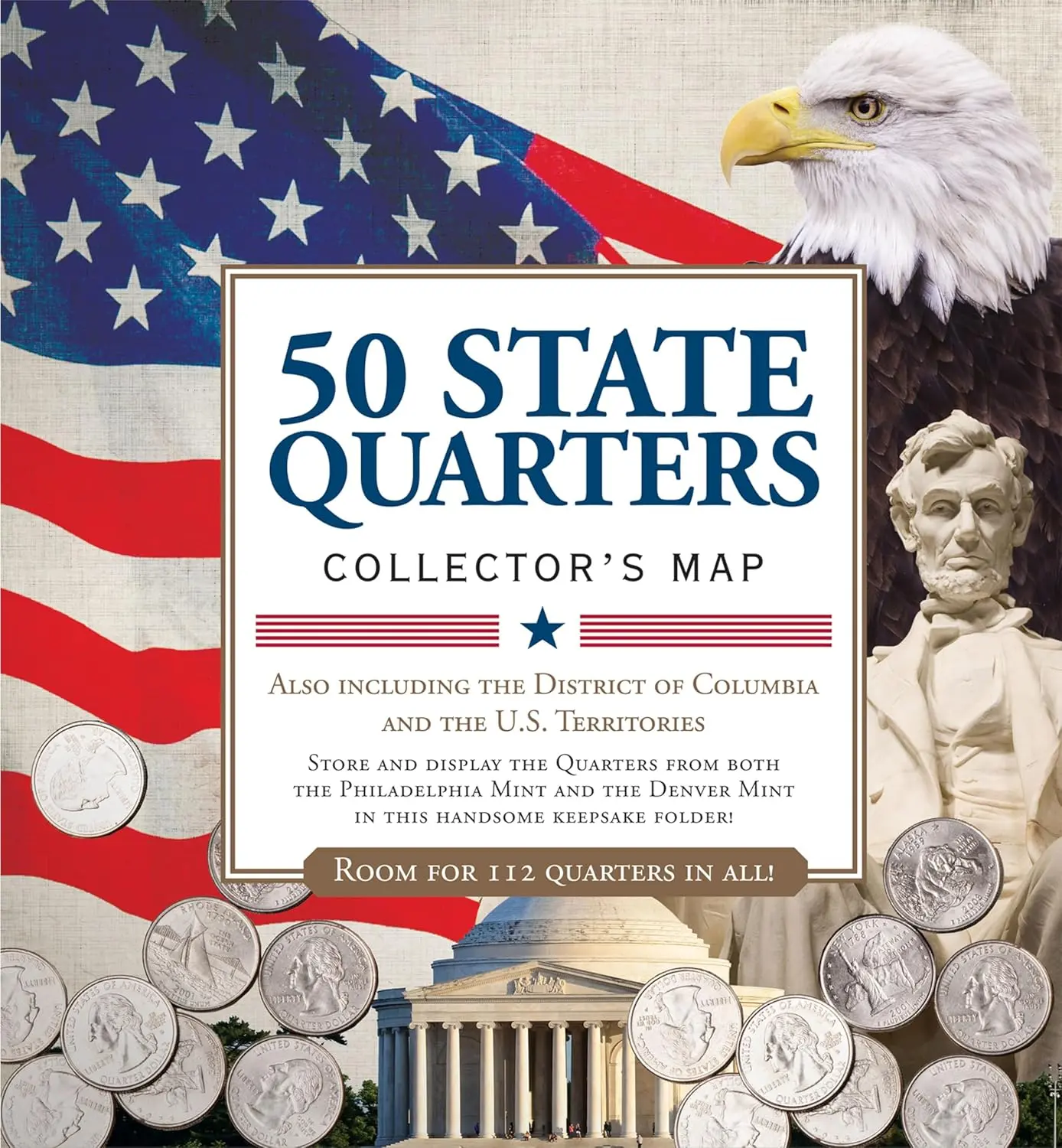 50 State Quarters Map - English Collecting Guide with 112 Quarters Capacity, Alternate Mint Set Space, Color-Coded by Year (Includes Philadelphia and Denver Mints Slots)