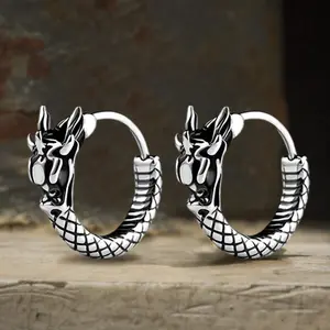 GTHIC Unisex Vintage Chinese Dragon Design Earrings Polished Stainless Steel Animal Jewelry Daily Wear