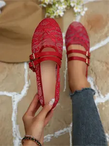 Plus-size women's fashionable spring-summer new round-toe lace mesh breathable double-buckle ballet shoes for casual daily commuting and comfortable everyday wear