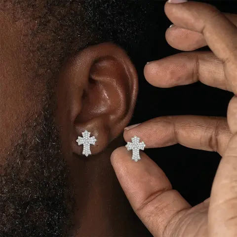 Hip Hop Cross Earring for Men Silver/14K Gold Plated Stud Earring for Women Christian Gifts