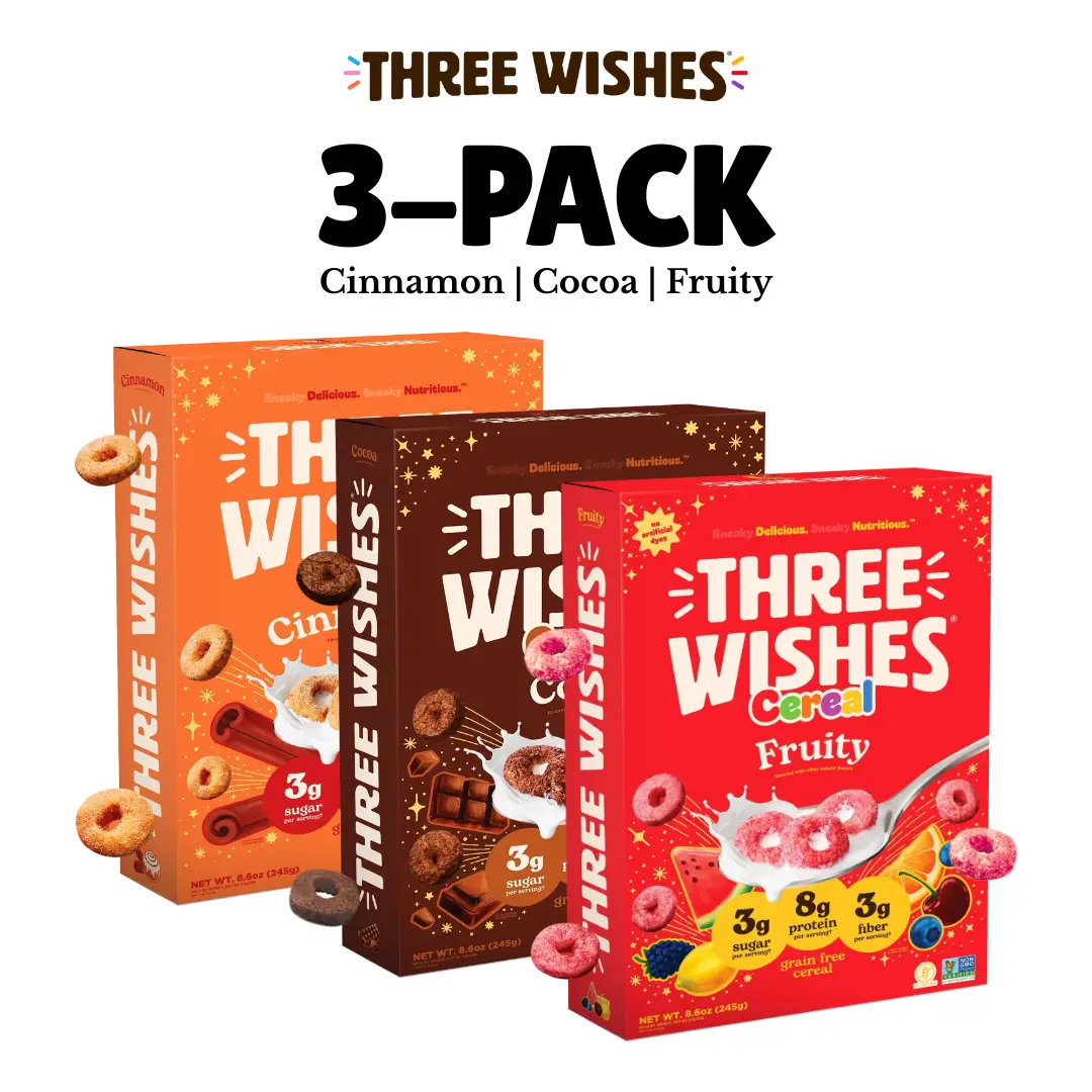 Three Wishes Grain-Free Protein Cereal Variety 3-Pack - Cinnamon, Fruity & Cocoa Flavors, Low Sugar Breakfast Cereal, Gluten-Free Vegan Plant-Based Cereal, Non-GMO
