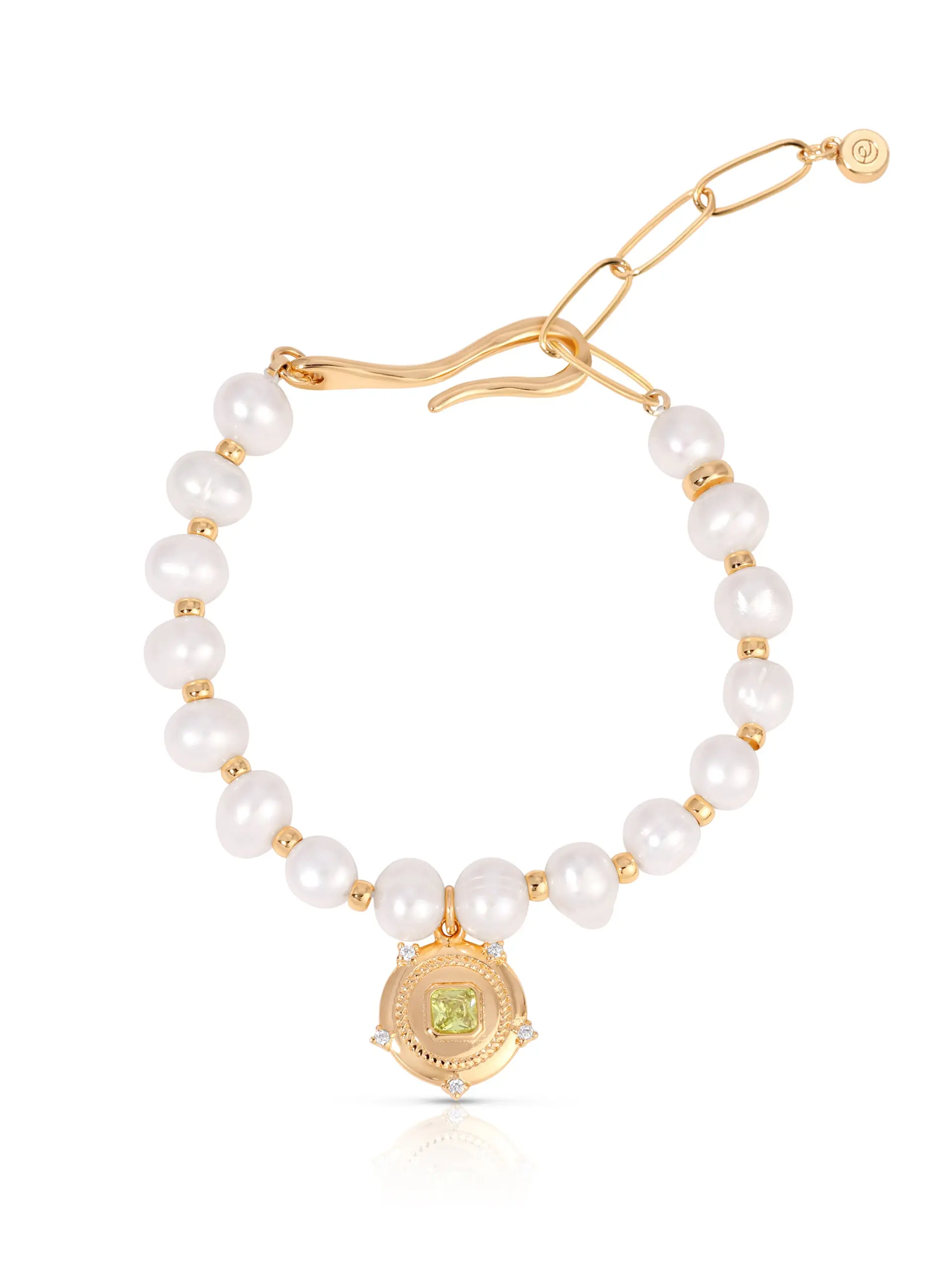 Eternal Gleam Pearl Bracelet – 18K Gold Plated with Freshwater Pearls & Peridot Crystal Pendant, Elegant Adjustable Jewelry