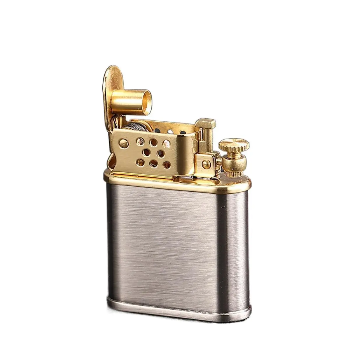 Z561 Antique Silver Brushed Cool Vintage Pure Copper Automatic Lighter - Push-To-Pop Ignition, Compact Safe Structure, Lightweight Metal Car Interior Accessory, Vehicle Accessories, Gift Box Packaged, Ideal for Camping, No Fuel Included