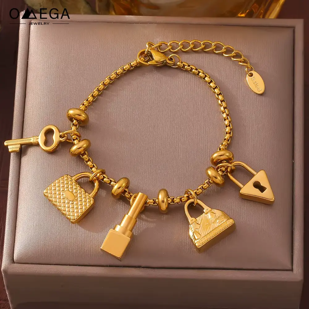 316L Stainless Steel Charm Bracelet for Women 18K Gold Plated Waterproof No Tarnish Women'S Multiple Different Pendant Bracelets Marka