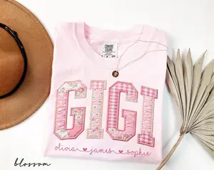 Personalized Gigi Shirt With Grandkids Names, Comfort Colors® Floral Faux Patchwork Grandma Tee, Mothers Day Gift For Nana, New Gigi Gifts Patchwork Custom Name Shirt T-shirt
