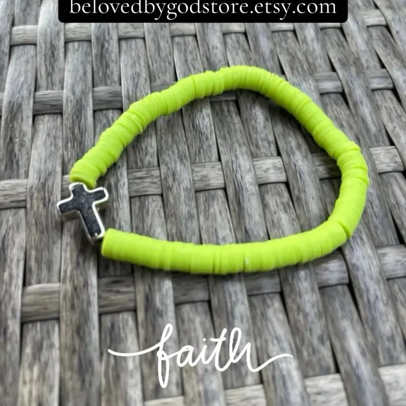 Clay Bead Cross Bracelet - Faith Design, Bright Green Beads, Silver Cross Charm, Perfect for Daily Wear