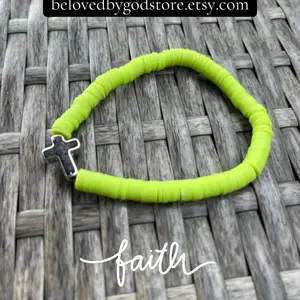 Clay Bead Cross Bracelet - Faith Design, Bright Green Beads, Silver Cross Charm, Perfect for Daily Wear