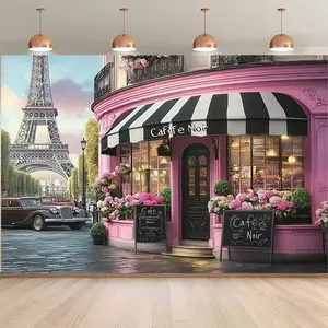 1pc Parisian Street Café Backdrop - Romantic Pink Black Striped Awning Eiffel Tower View Vintage Car Scene Polyester Material for Party Home Studio Prop​